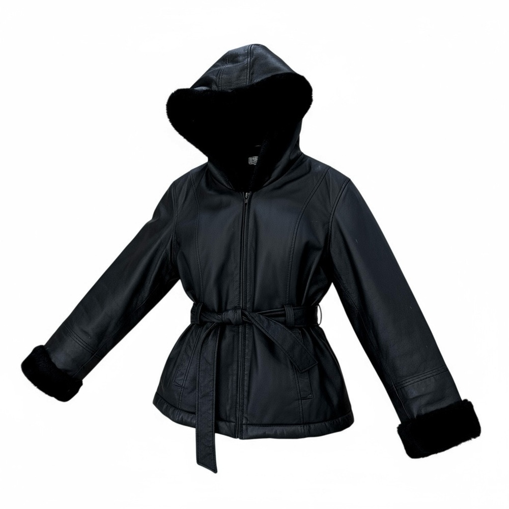 100% Genuine Leather Coat with Faux Fur Interior Women's Black Hooded Jacket - Picture 3 of 8